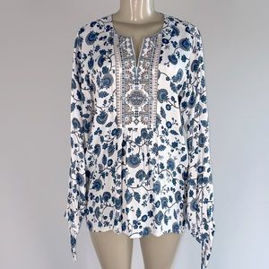 Johnny Was Blue and White Relaxed Graphic Tunic